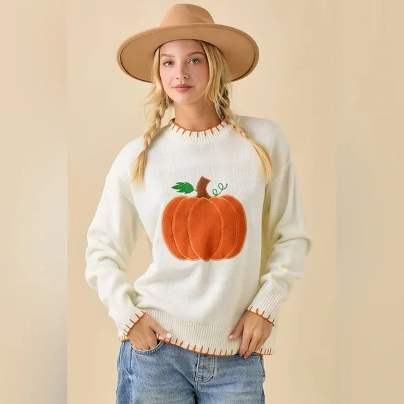 Textured Pumpkin Patch Sweater Knit Top with Stitching Detail - Main Strip - Picture 3 of 6